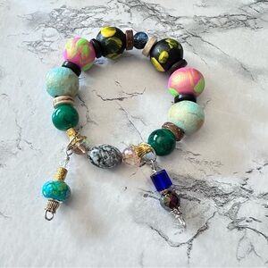 Bracelet Handmade Charm with Hand-Painted Beads Wire-Wrapped OOAK 7-7.5 0788